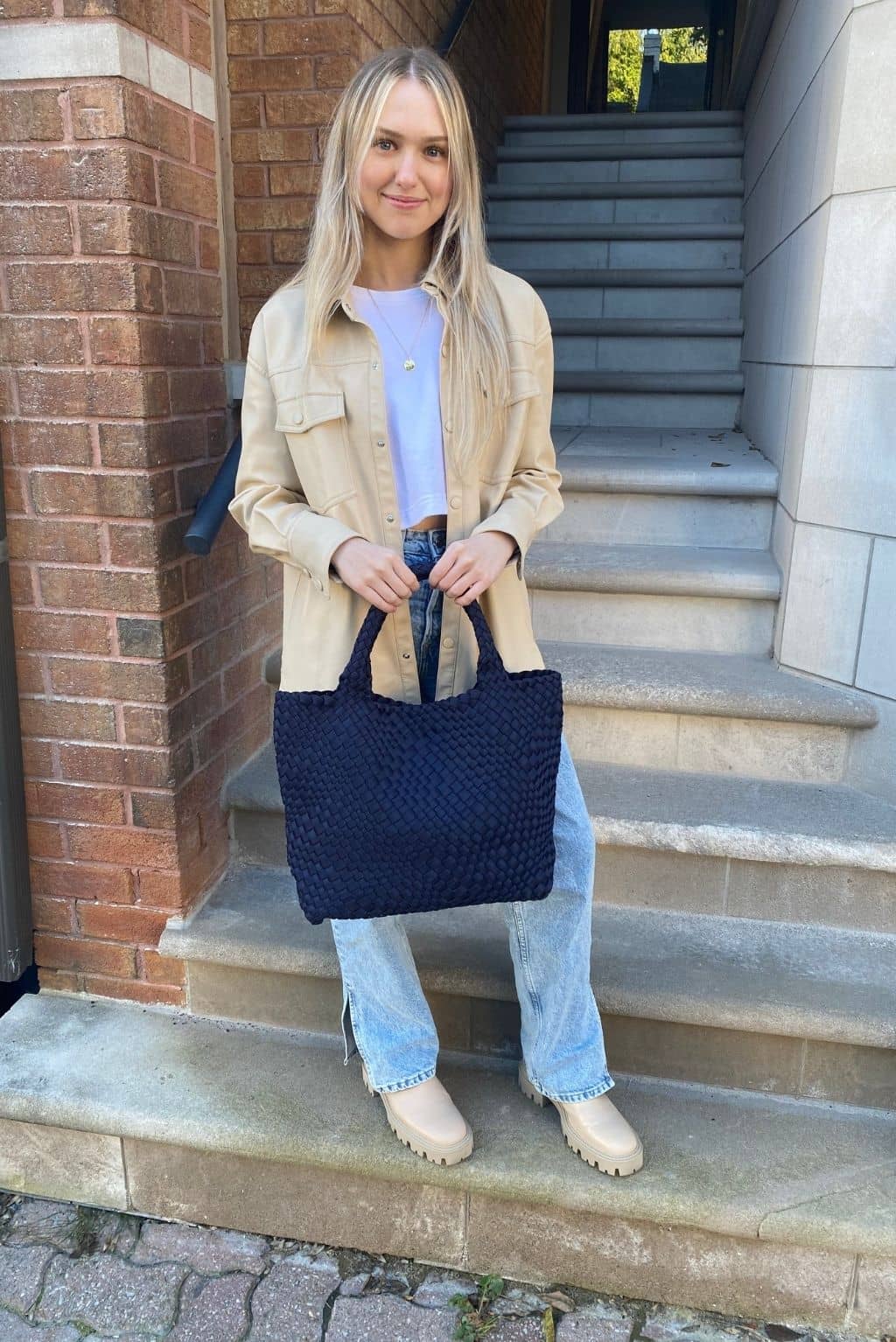 Navy Woven Tote with Crossbody Strap