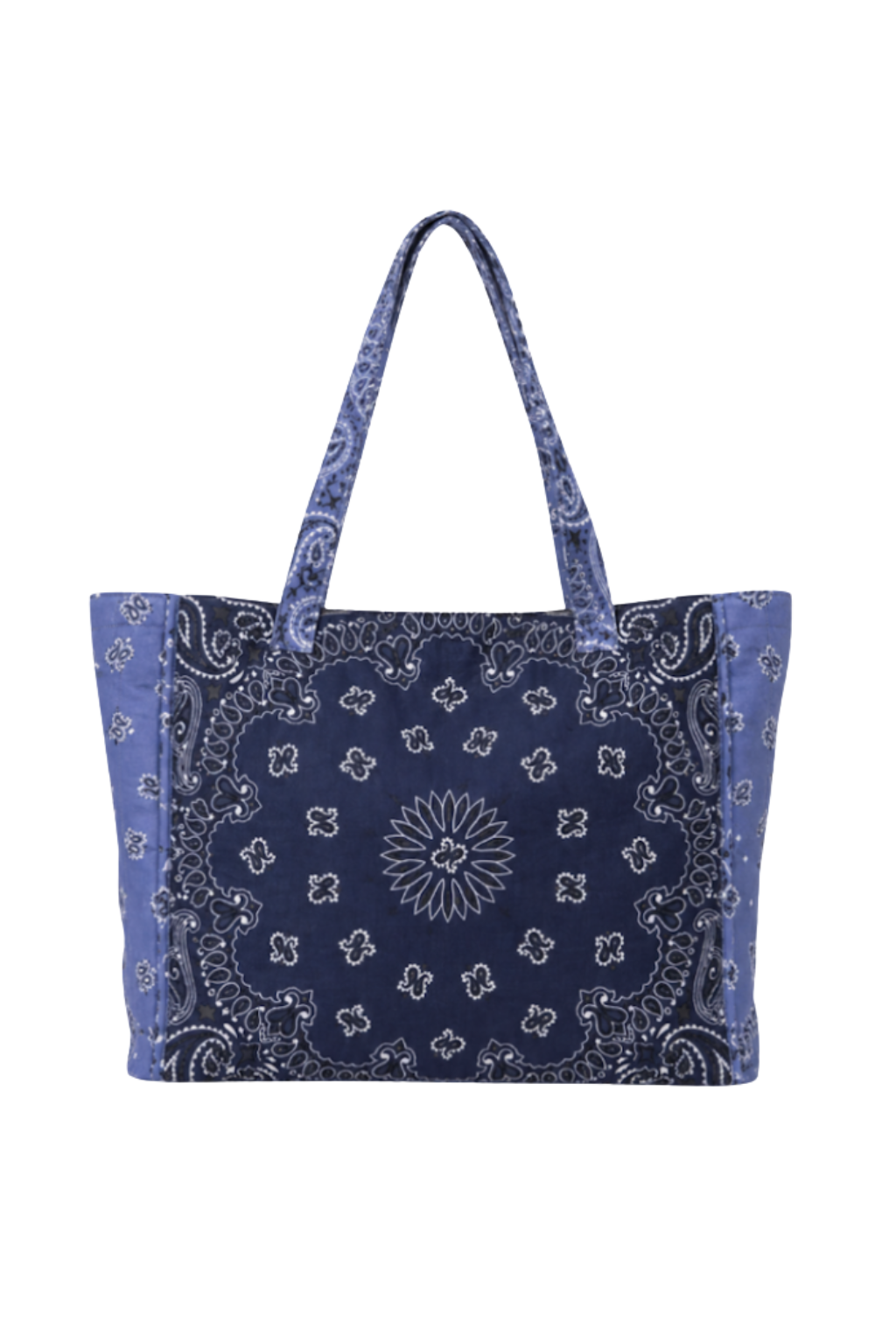 Blue patterned tote bag on a white background