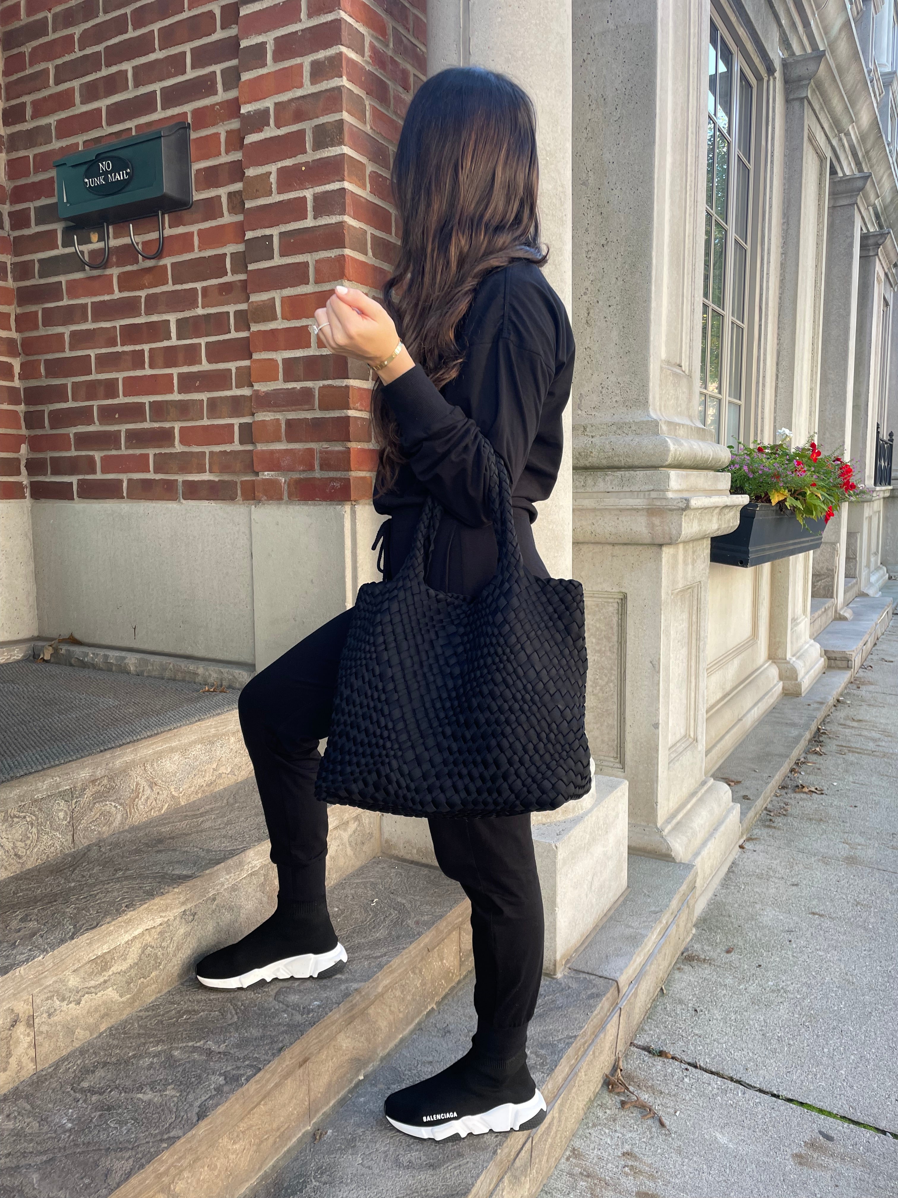 Black Woven Tote with Strap