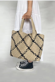 Beige & Black Woven Tote with Strap