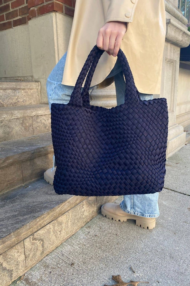 Navy Woven Tote with Crossbody Strap