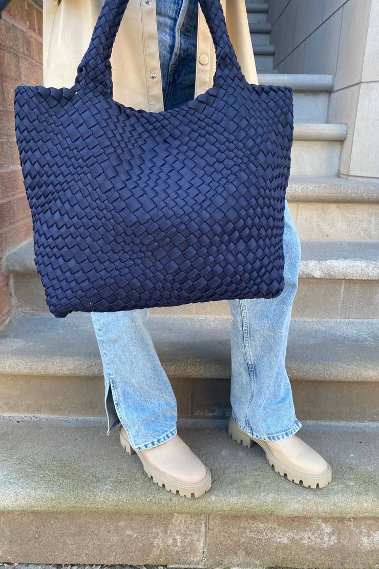 Navy Woven Tote with Crossbody Strap